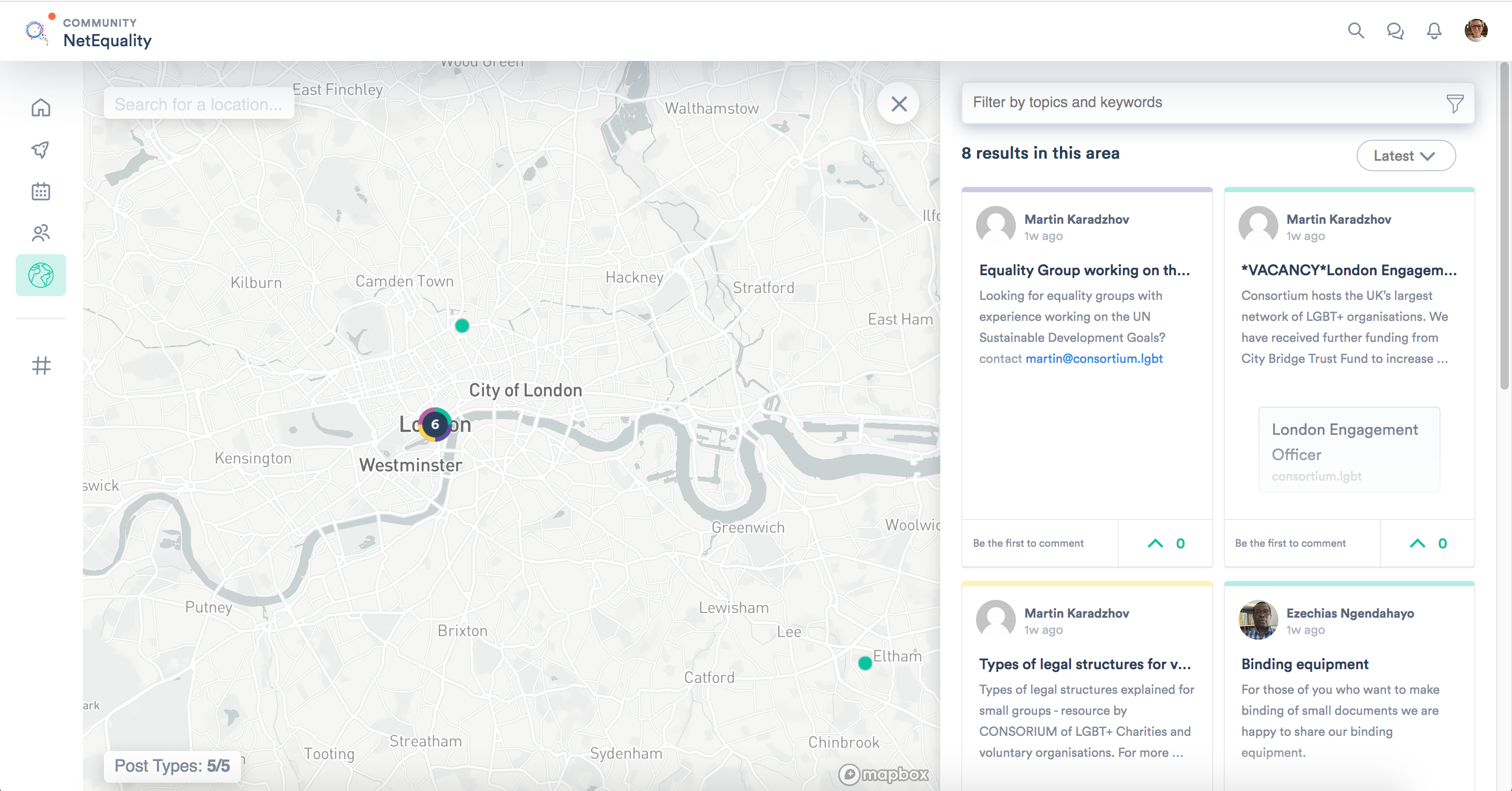 this is a screen shot showing the wants and offers sharing portal Hylo. It shows a map of London with the resources which have been shared in each location, and a search bar to find specific resources
