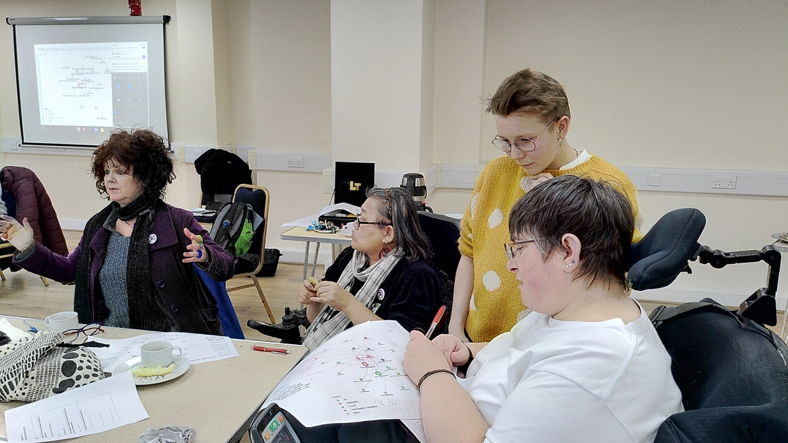 A lady in a wheelchair looking at a printed netmap with a projected version on the wall in the background