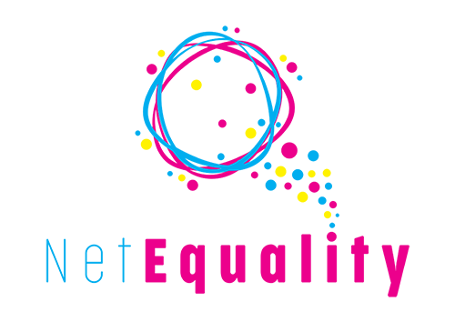 Net Equality logo: Words Net Equality at the bottom with the dot of the eye turning into a graphic, with repeating blue, pink and yellow dots which form a speech / thought bubble shape with 4 overlapping colours rings